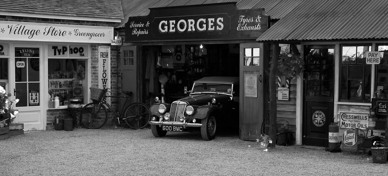 vintage car, garage, shop, sign, oldtimer, black and white, gray car, gray shopping, gray shop, gray vintage, gray garage, garage, garage, garage, garage, garage