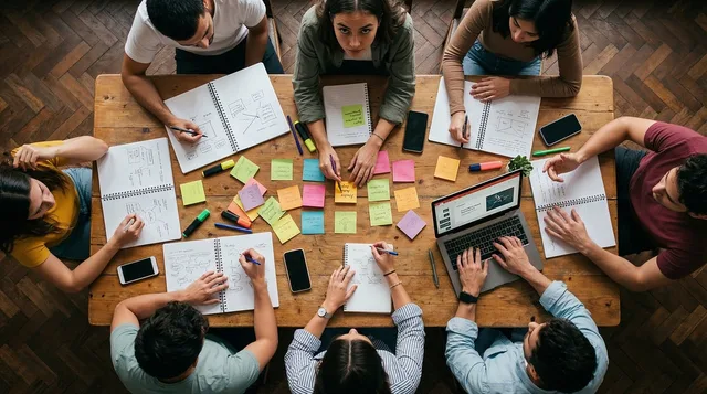 eam, workshop, office, collaboration, sticky notes, planning, strategy, brainstorming, table, overhead, people, working, laptop, notebooks, creativity, business, meeting, together, analysis, group, ai generated. Three ownership rules for running scale-ready local service marketing operations
