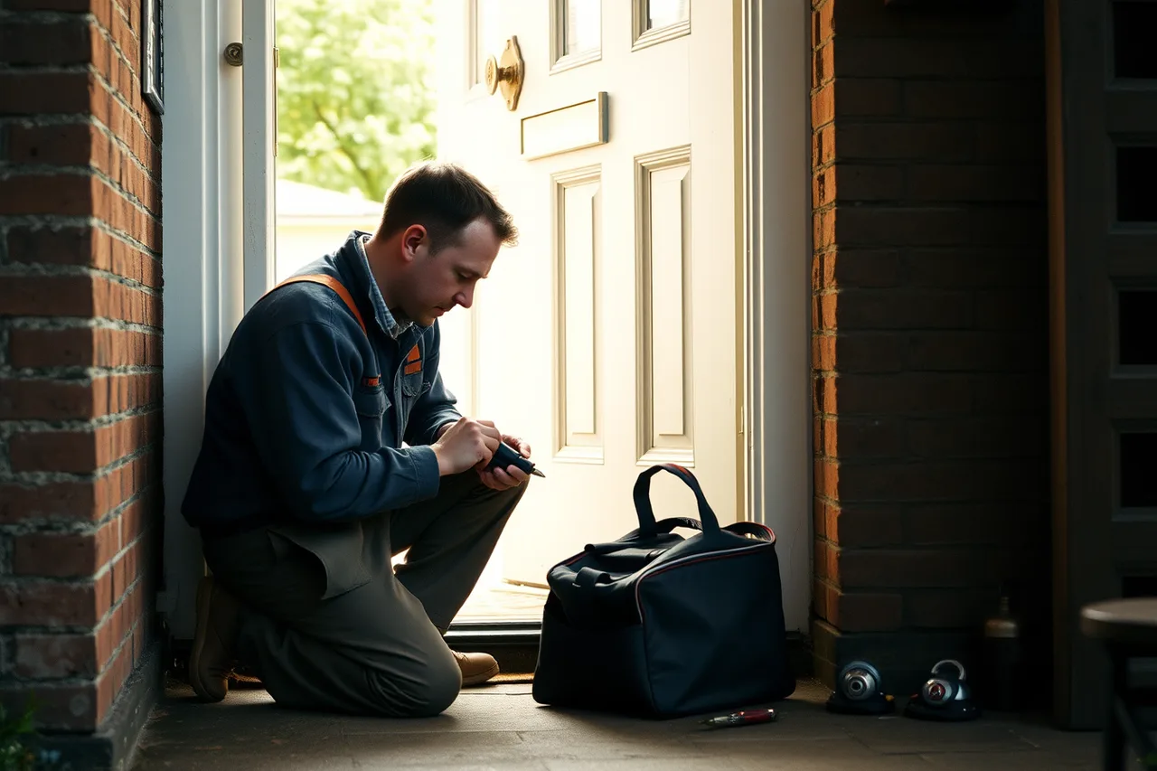 Locksmith fitting a new lock to a front door (Estate agent referrals vs paid ads for UK local businesses)