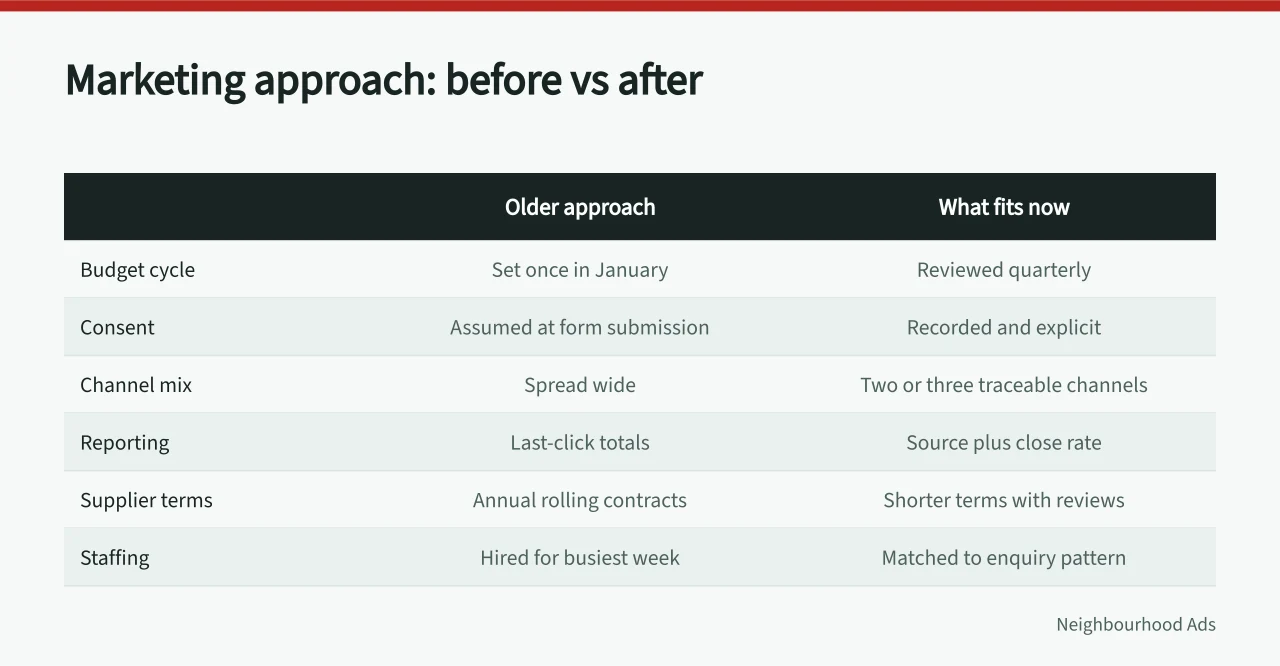 Comparison table of older and current marketing approaches (When to refresh your local service marketing market outlook)